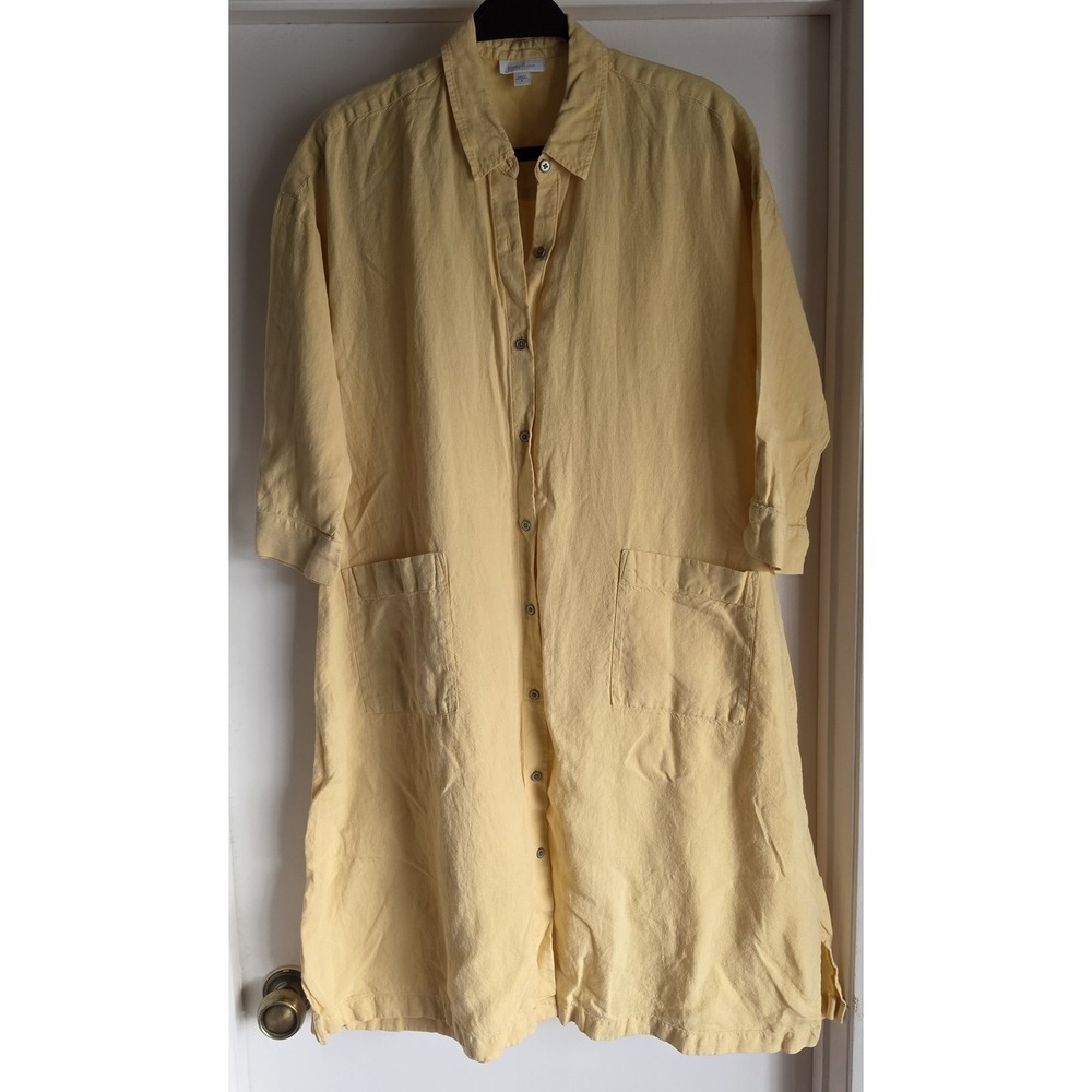 PureJill Women S Linen Midi Dress Yellow Solid Collared 3/4 Sleeve Casual